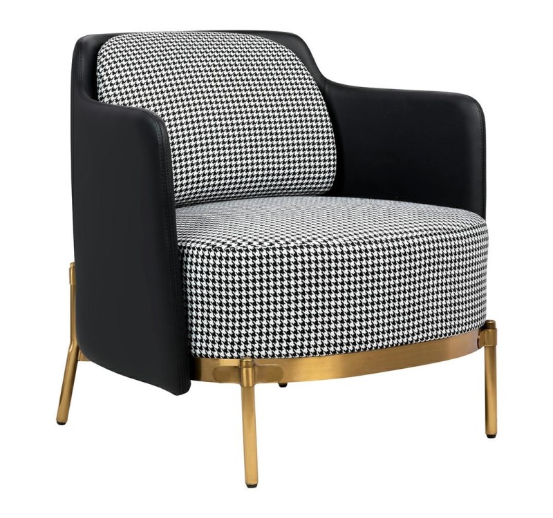 Fotel VENICE tkanina pepitka biało - czarna ekoskóra czarna - złota podstawa