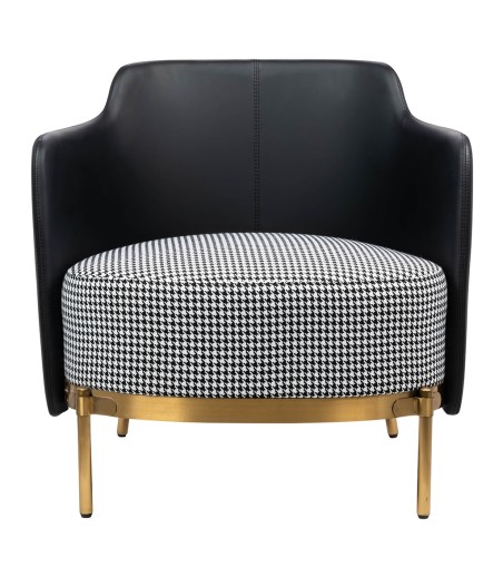 Fotel VENICE tkanina pepitka biało - czarna ekoskóra czarna - złota podstawa