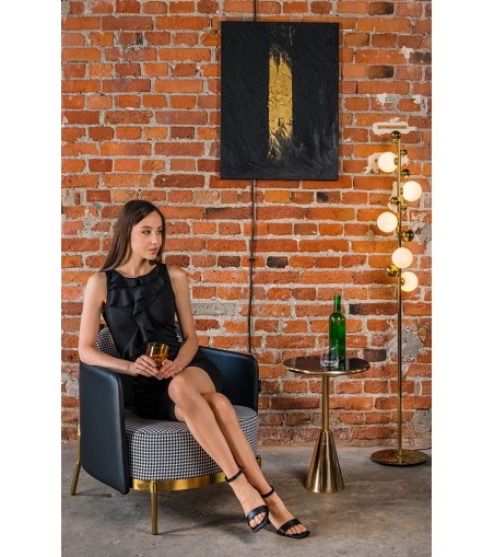 Fotel VENICE tkanina pepitka biało - czarna ekoskóra czarna - złota podstawa