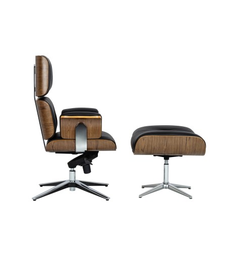 Fotel biurowy LOUNGE BUSINESS czarny z podnóżkiem - sklejka orzech, skóra naturalna, stal polerowana