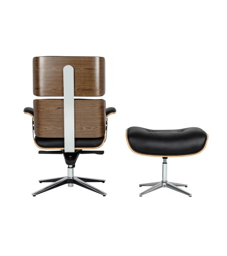 Fotel biurowy LOUNGE BUSINESS czarny z podnóżkiem - sklejka orzech, skóra naturalna, stal polerowana