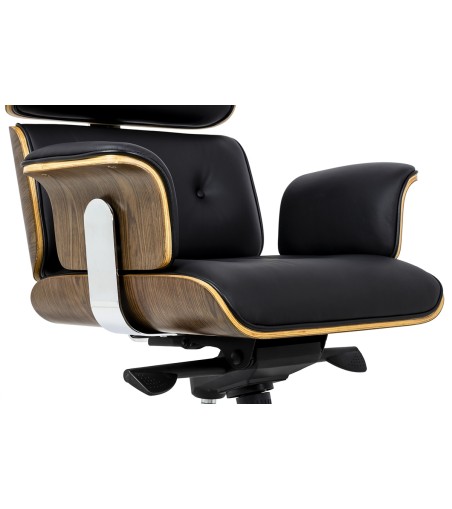 Fotel biurowy LOUNGE BUSINESS czarny z podnóżkiem - sklejka orzech, skóra naturalna, stal polerowana