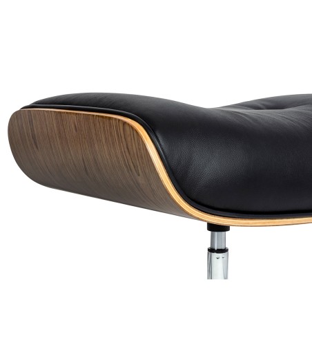 Fotel biurowy LOUNGE BUSINESS czarny z podnóżkiem - sklejka orzech, skóra naturalna, stal polerowana