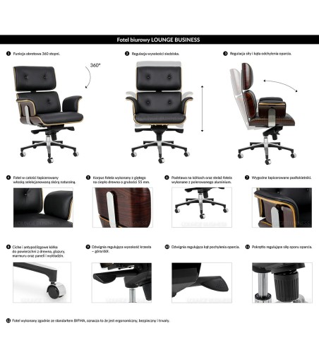 Fotel biurowy LOUNGE BUSINESS czarny - sklejka orzech, skóra naturalna, stal polerowana