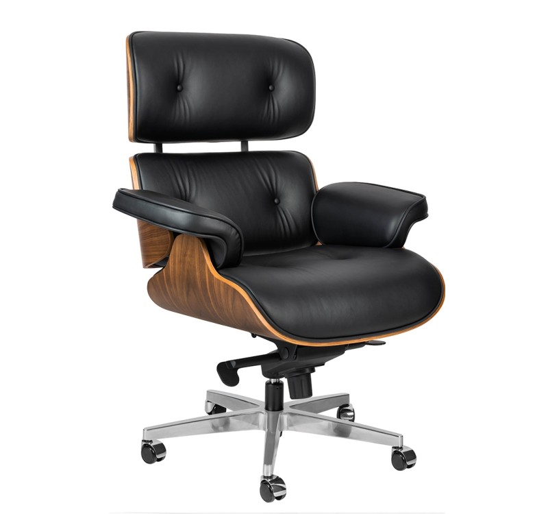 Fotel biurowy LOUNGE GUBERNATOR czarny - sklejka orzech, skóra naturalna, stal polerowana