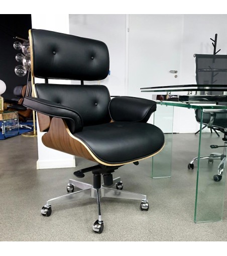 Fotel biurowy LOUNGE GUBERNATOR czarny - sklejka orzech, skóra naturalna, stal polerowana