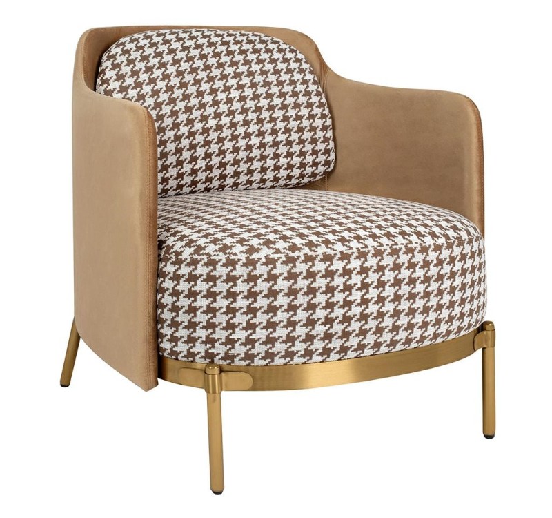 Fotel VENICE tkanina pepitka biało-brązowa - złota podstawa