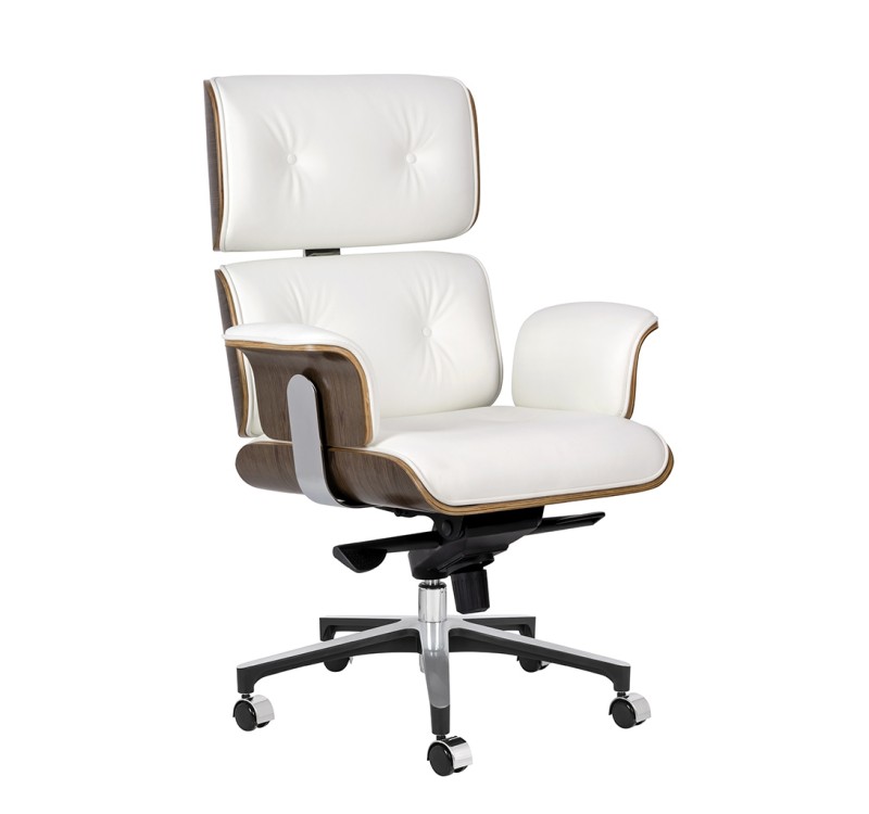 Fotel biurowy LOUNGE BUSINESS biały - sklejka orzech,włoska skóra naturalna, stal polerowana